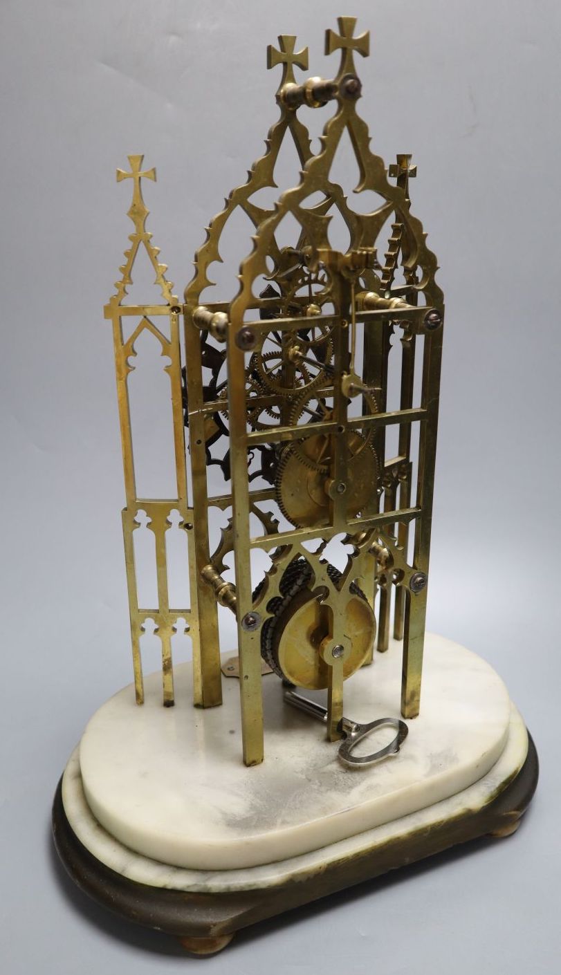 A Victorian single fusee skeleton clock, featuring four-wheel in-line train, makers label Boddington, Manchester, 40cm high